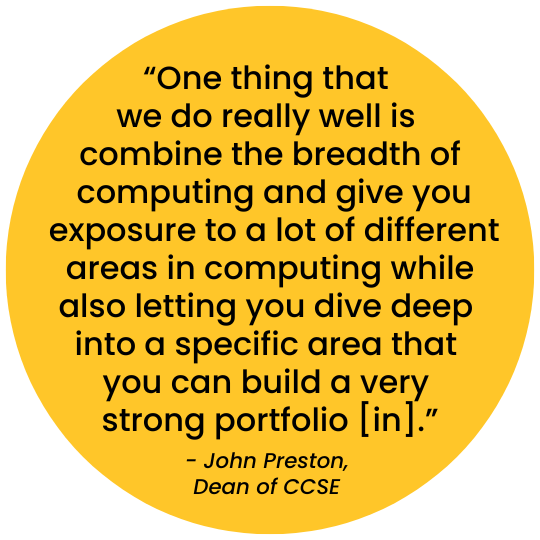 Quote: "One thing that we do really well is combine the breadth of computing and give you exposure to a lot of different areas in computing while also letting you dive deep into a specific area that you can build a very strong portfolio in" - John Preston, Dean of CCSE